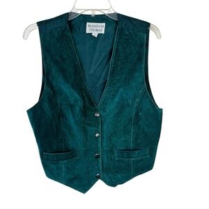 Vintage Brandon Thomas Mens Green Leather Vest M Elastic Back Snap Western